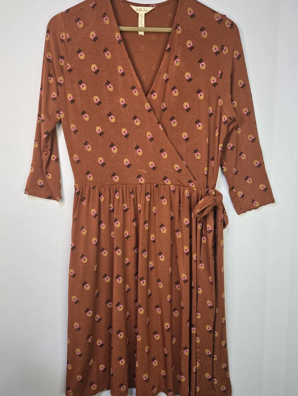 Matilda Jane Size M Rust Floral Wrap Midi Dress with Pink Accents, 3/4 Sleeves